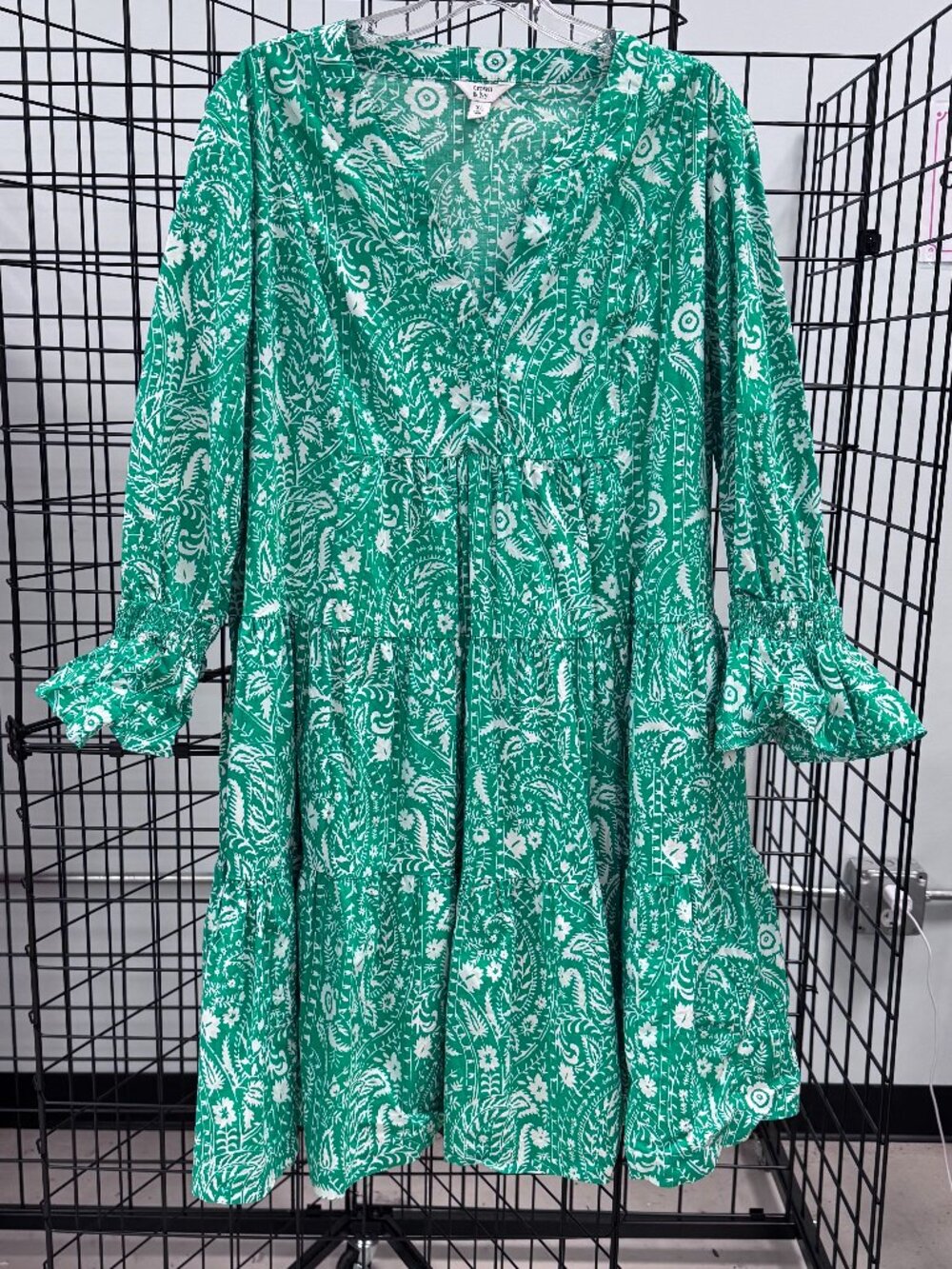 Crown & Ivy Kelly Green & White L/S Cotton Blend Dress Size XL